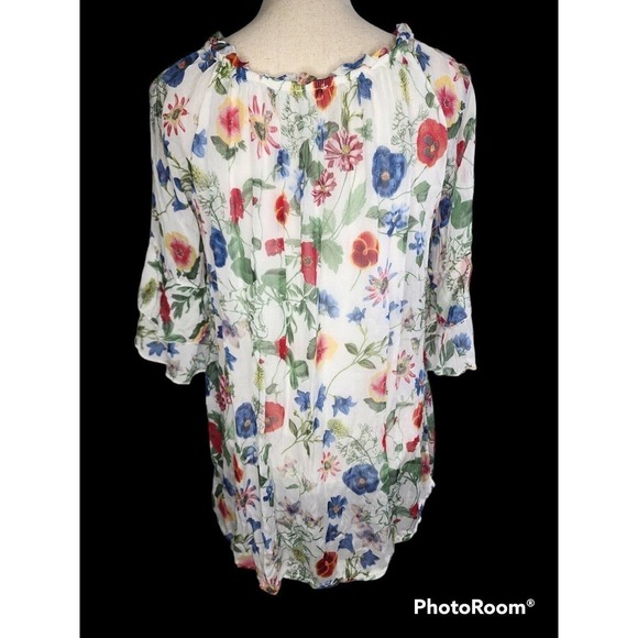 Bellambra 100% Silk Italian Floral Peasant Sheer Lined Blouse Top Size L - Picture 3 of 10